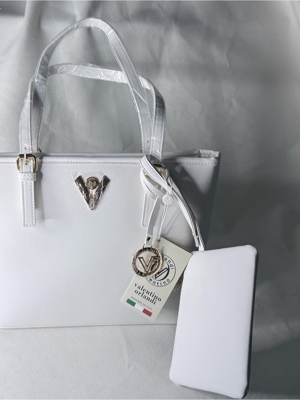 Valentino Orlandi White Saffiano Tote with Wristlet Charm